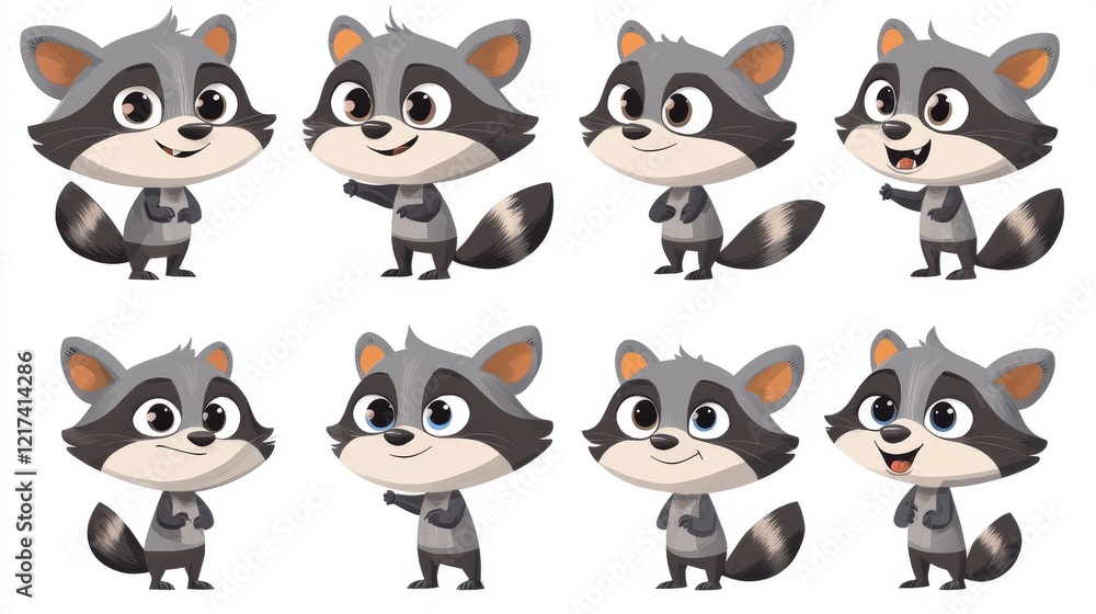Obraz premium Charming Cartoon Raccoons Displaying Various Emotions and Expressions in a Playful Animated Style
