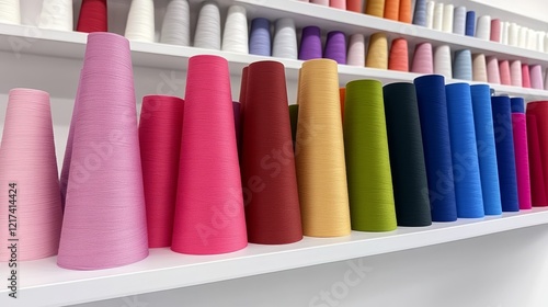 Brightly Colored Yarn Rolls in Vibrant Display - Colorful yarn cones, textile industry, craft supplies, vibrant hues, creative potential.  A symbol of artistry, resourcefulness, and colorful expressio photo