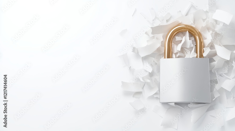 Fototapeta premium Broken Padlock Amidst Shredded Paper - Conceptual image symbolizing vulnerability, data breach, security compromise, information destruction, and shattered trust.