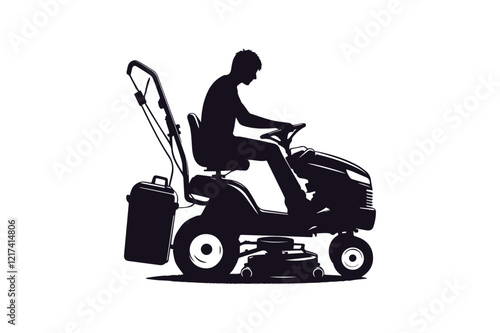 A man riding a lawn mower on a white background
