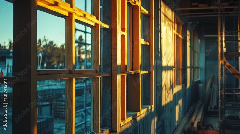 Obraz premium Golden hour sunlight through window frames in a building under construction.