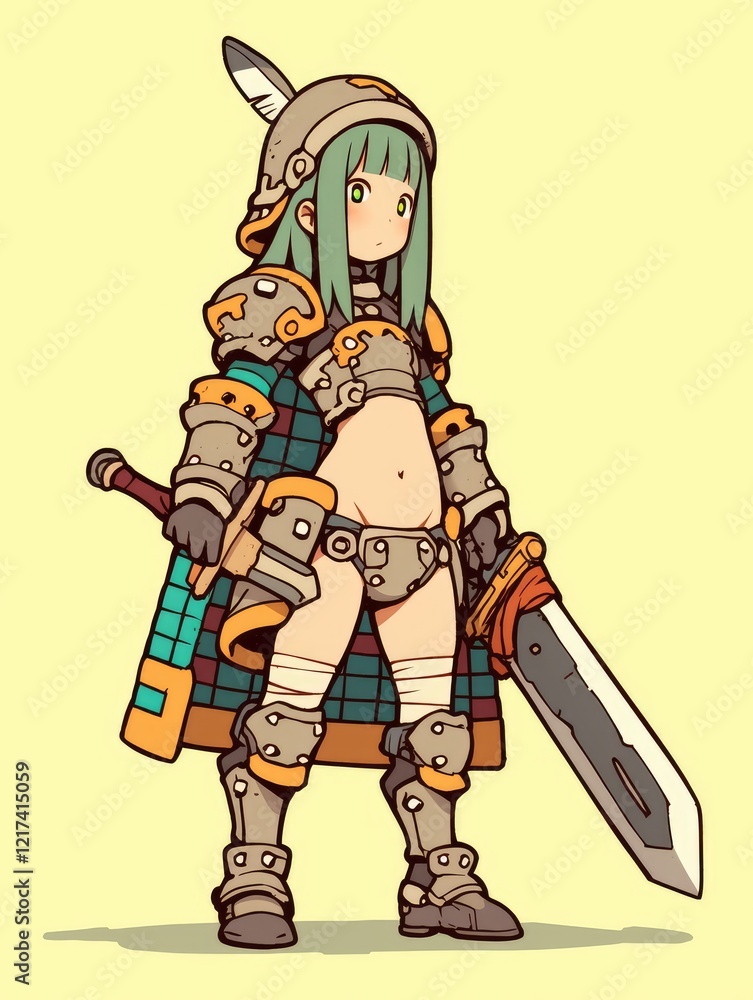 A young female warrior stands ready with her greatsword A young female warrior stands ready with her greatsword