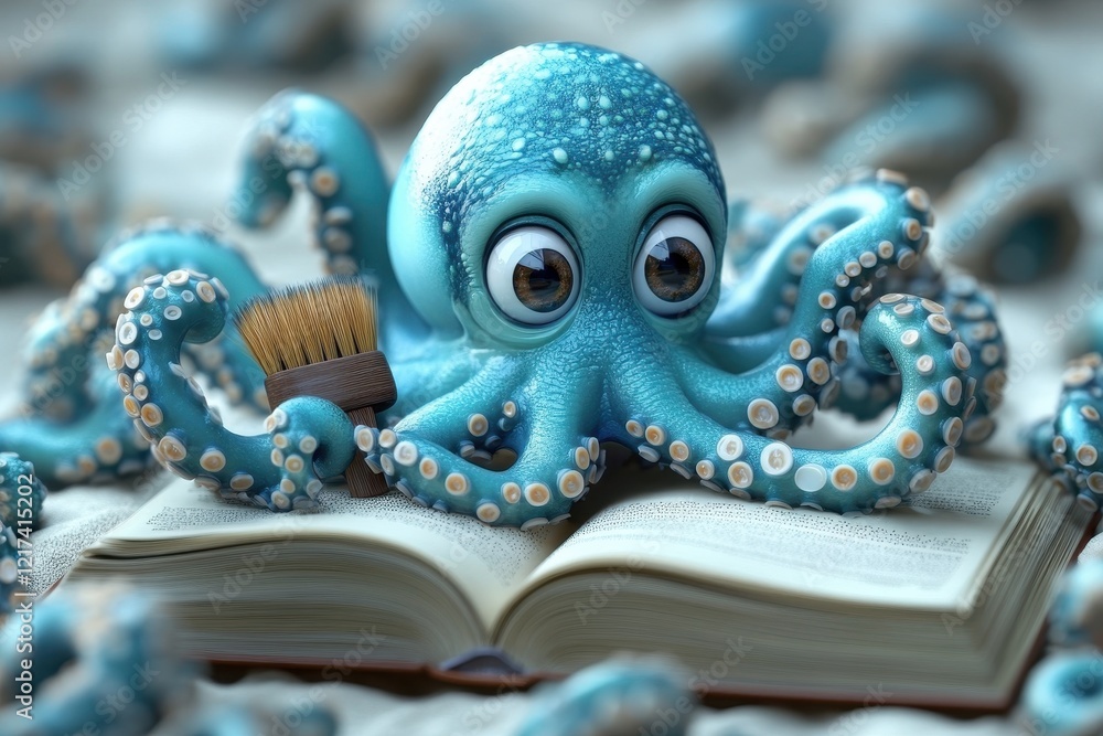 Obraz premium A cute octopus reading a book with a brush, surrounded by more octopuses.