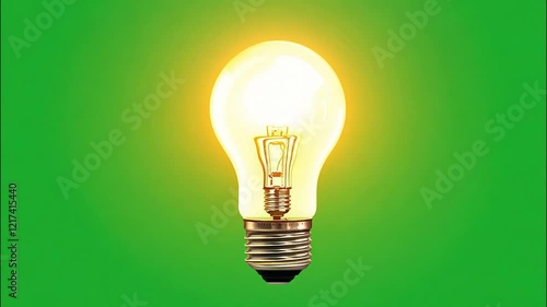 light bulb turning on symbolizing ideas and innovation, glowing filament inside with warm light, solid green screen background 