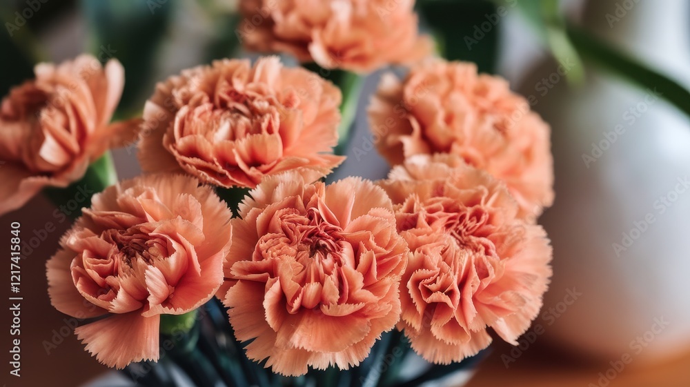 A vibrant bouquet of soft peach carnations in full bloom, creating a warm and inviting atmosphere that enhances any indoor space. A vibrant bouquet of soft peach carnations in full bloom, creating a warm and inviting atmosphere that enhances any indoor space.