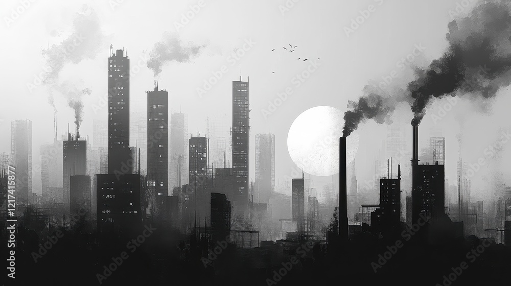 Black and white illustration of a city drowning in smog, abstract and minimalist, representing industrial pollution. Black and white illustration of a city drowning in smog, abstract and minimalist, representing industrial pollution.