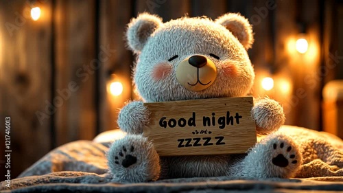 Plush teddy bear holding nighttime sign, resting near soft blanket and warm bedside lamp in comfortable bedroom