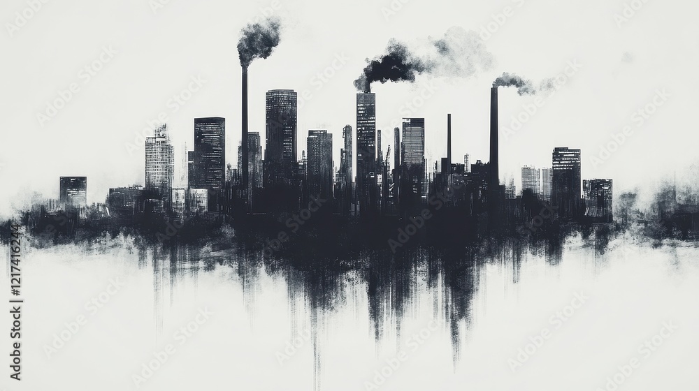 Black and white illustration of a city drowning in smog, abstract and minimalist, representing industrial pollution. Black and white illustration of a city drowning in smog, abstract and minimalist, representing industrial pollution.