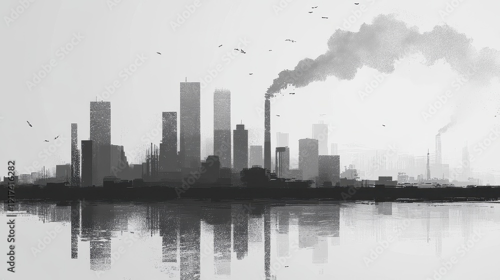 Obraz premium Black and white illustration of a city drowning in smog, abstract and minimalist, representing industrial pollution. 