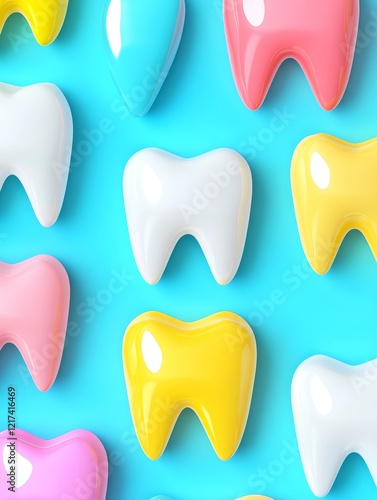 Colorful 3D Teeth Illustration: Dental Health - Bright, playful 3D  teeth symbolize oral hygiene, healthy smiles, dental care, and vibrant well-being.  A fun approach to dental health. photo