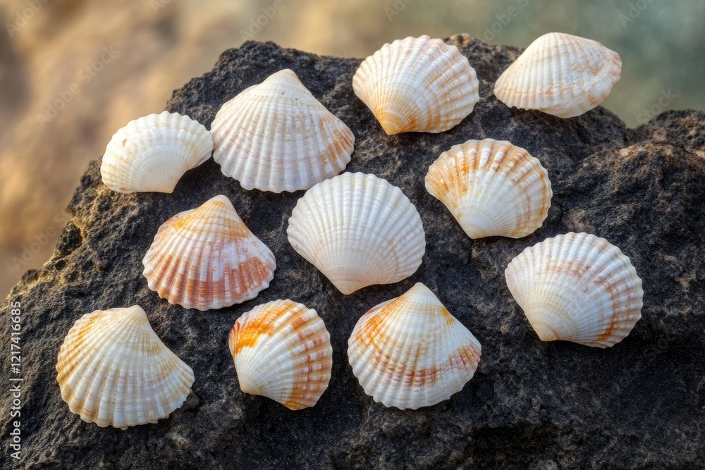 Collection of seashells with various colors and patterns, arranged on a dark rock. Collection of seashells with various colors and patterns, arranged on a dark rock.