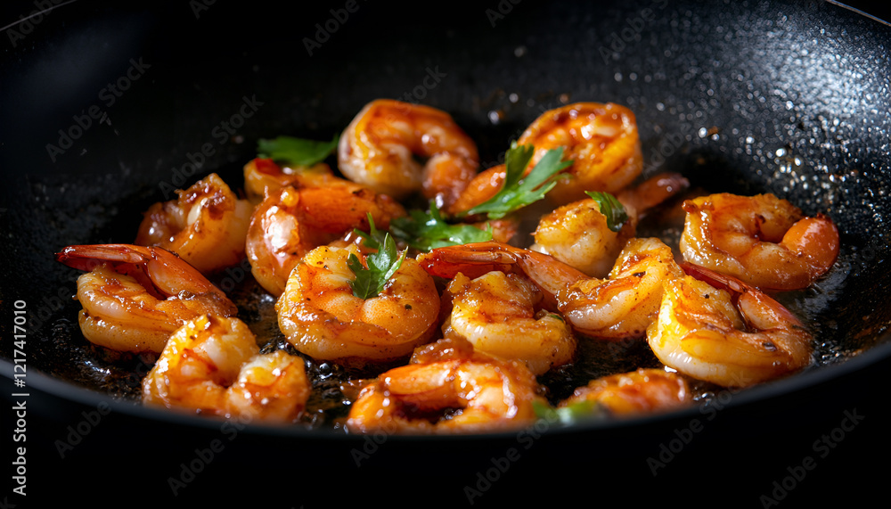 Chef cooking shrimps with chili pepper in a frying pan on a black background, close-up Chef cooking shrimps with chili pepper in a frying pan on a black background, close-up
