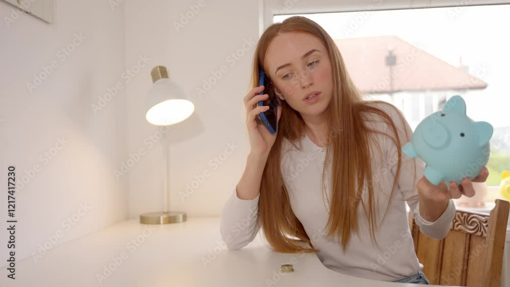 Woman engages in conversation while holding a piggy bank in a bright room Woman engages in conversation while holding a piggy bank in a bright room