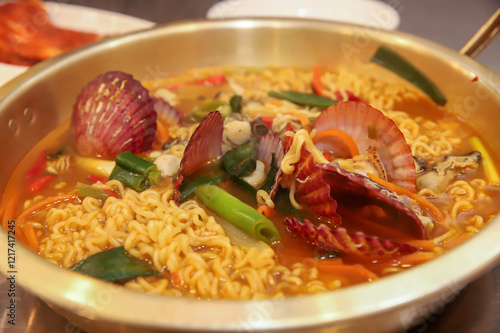 Seafood added to Korean instant ramen. Seafood Ramen photo