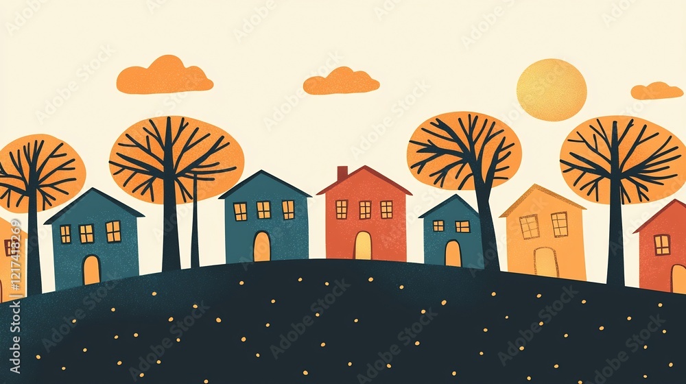 Obraz premium Stylized whimsical landscape with colorful houses and abstract trees on a hill design