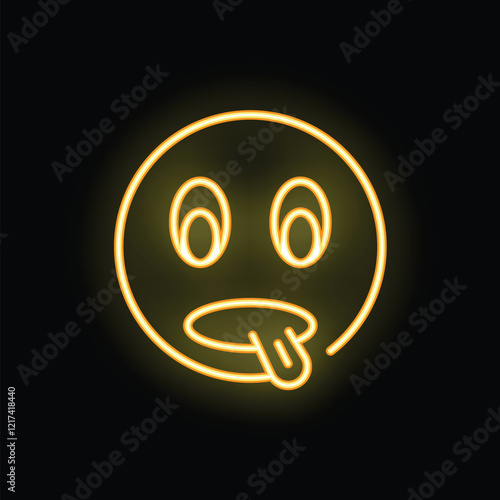 Yellow neon sign of a funny face sticking its tongue out, on a black background