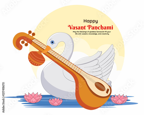 swan playing musical instrument veena for saraswati puja vasant panchami social media post design.