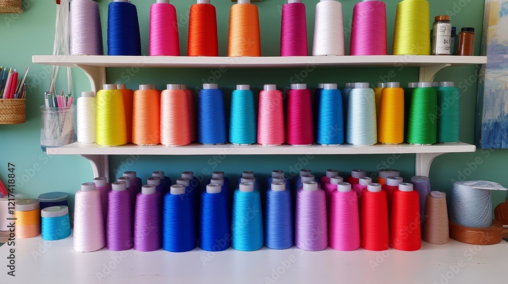 Fototapeta premium Colorful Thread Spools on Shelves - Vibrant collection of colorful thread spools neatly organized on white shelves, showcasing a variety of shades and textures.