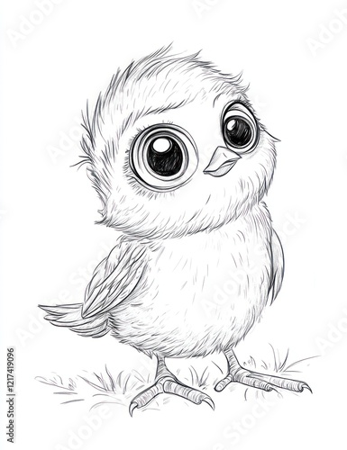 Cute chick illustration, spring garden background, coloring page
