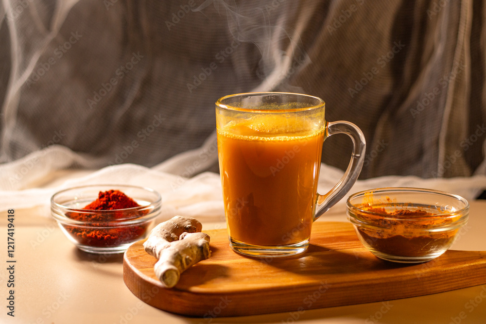 Steaming cup of herbal tea on wooden tray. Cozy atmosphere for winter evening. Concept of relax and didgital detox at home Steaming cup of herbal tea on wooden tray. Cozy atmosphere for winter evening. Concept of relax and didgital detox at home