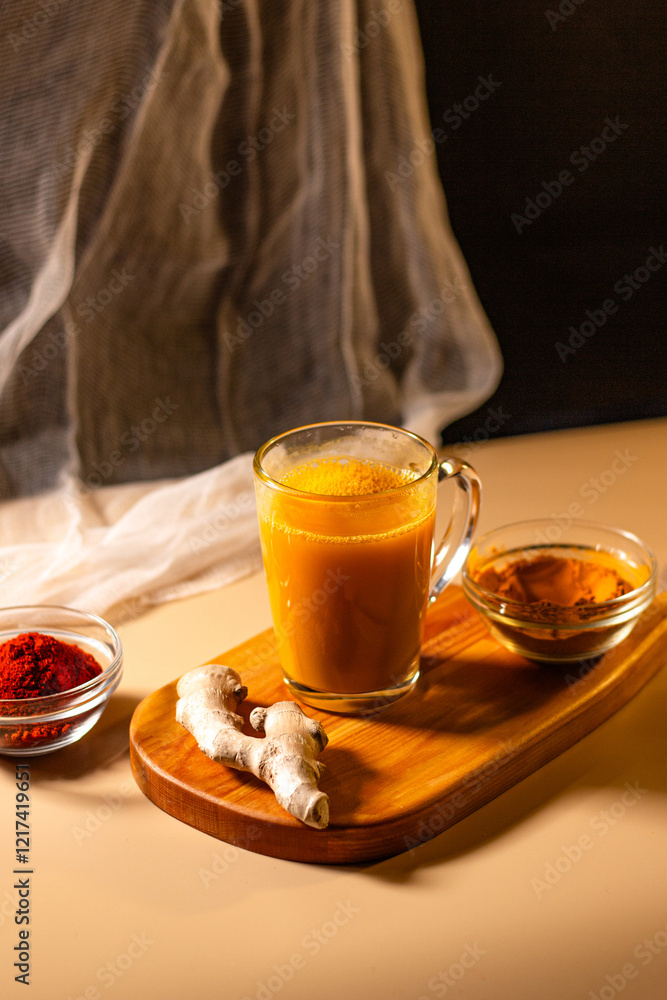 Immunity drink with turmeric powder. Turmeric tea. Trendy healthy drink with curcuma spices. Herbal beverage for health and normal bowel function Immunity drink with turmeric powder. Turmeric tea. Trendy healthy drink with curcuma spices. Herbal beverage for health and normal bowel function