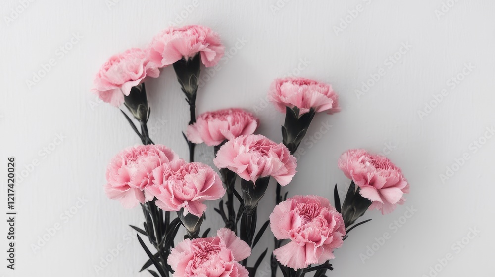 A serene arrangement of delicate pink carnations against a simplistic white background, showcasing their soft petals and graceful stems. A serene arrangement of delicate pink carnations against a simplistic white background, showcasing their soft petals and graceful stems.