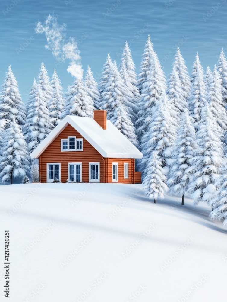 Cozy Winter Cabin in Snowy Forest - A charming red cabin sits nestled amongst snow-covered pine trees on a winter's day, smoke curling from its chimney. Cozy Winter Cabin in Snowy Forest - A charming red cabin sits nestled amongst snow-covered pine trees on a winter's day, smoke curling from its chimney.