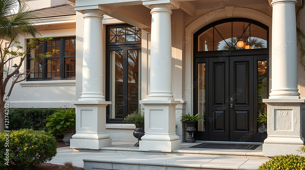 Obraz premium Elegant Home Exterior with Classic Columns and Black Door. Luxury Real Estate, Grand Entrance, and Architectural Design. High-end Residential Property.