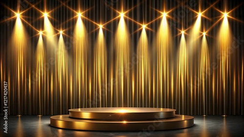 A podium illuminated by golden spotlights, creating an elegant atmosphere for award ceremonies or corporate events.
