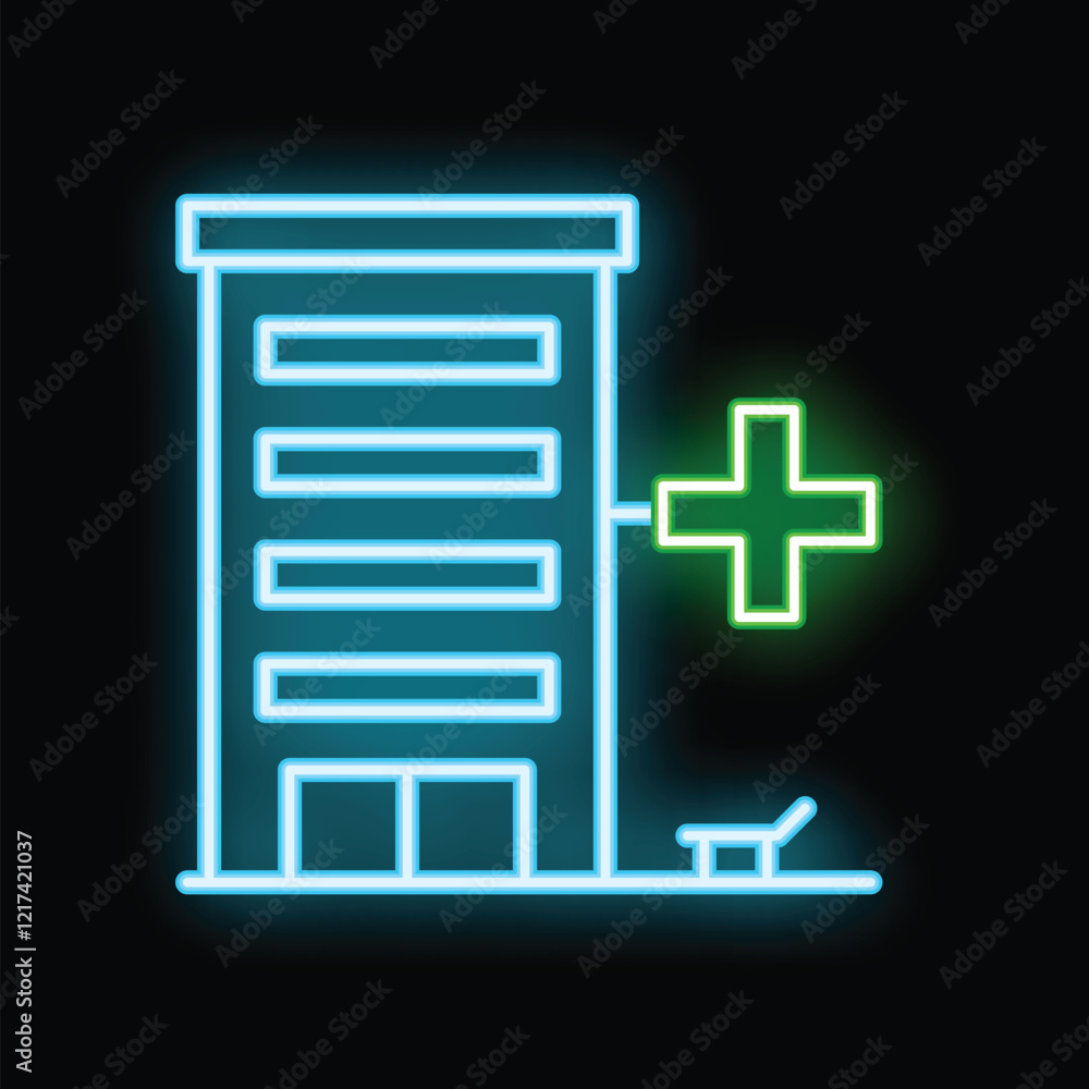Neon sign depicting a hospital building with a green cross and stretcher, symbolizing healthcare and medical services Neon sign depicting a hospital building with a green cross and stretcher, symbolizing healthcare and medical services