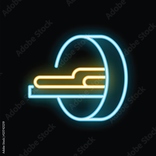 Glowing neon icon representing a ct scan procedure with a patient lying on a moving bed entering a circular scanner