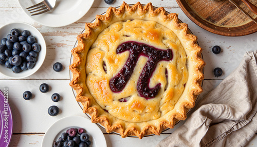 Blueberry pie with π design in cozy kitchen, celebrating Pi Day