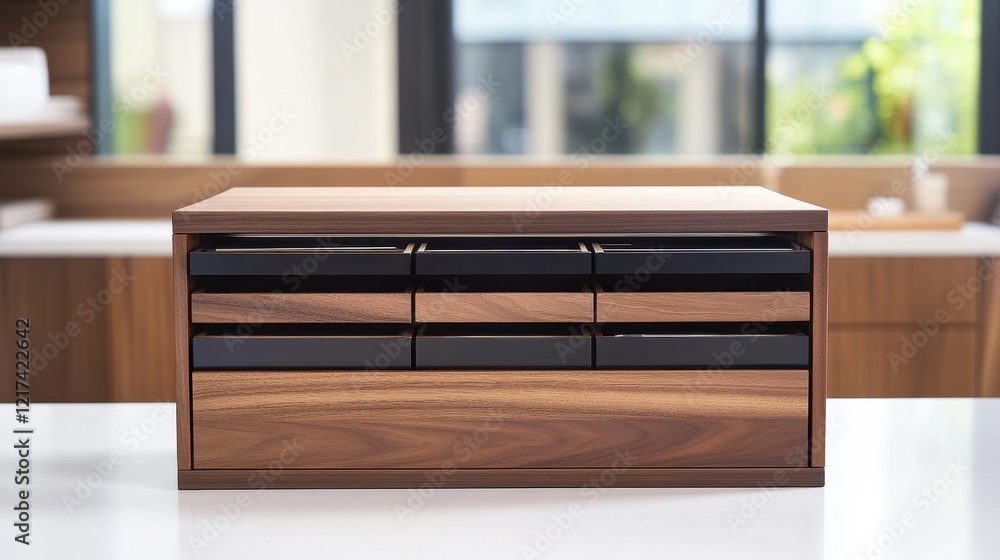 Fototapeta premium Modern Wooden Storage Box with Drawers on Table