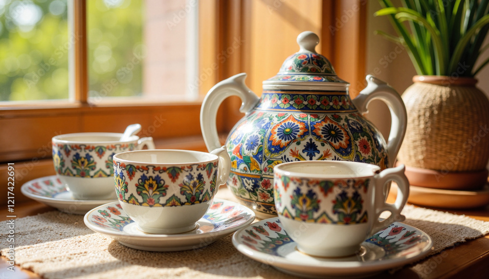 Ornate Persian tea set displayed on table by window, Nowruz celebration Ornate Persian tea set displayed on table by window, Nowruz celebration