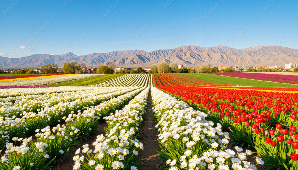 Vibrant spring flower fields under clear blue skies, nature's renewal Vibrant spring flower fields under clear blue skies, nature's renewal