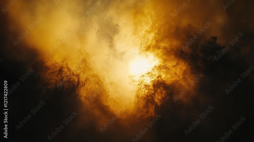 Obraz premium Dramatic shot of a sunrise through dense industrial smoke, golden light contrasting with dark pollution, environmental theme.