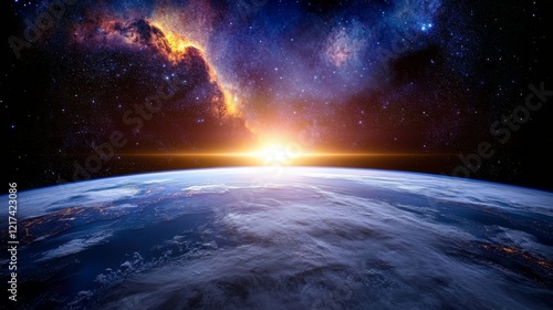 Wallpaper Mural Earthrise: A Celestial Panorama - Sunrise over Earth, cosmic wonder, vibrant nebula, planet Earth, breathtaking view. Symbolizing hope, creation, exploration, peace, and wonder. Torontodigital.ca