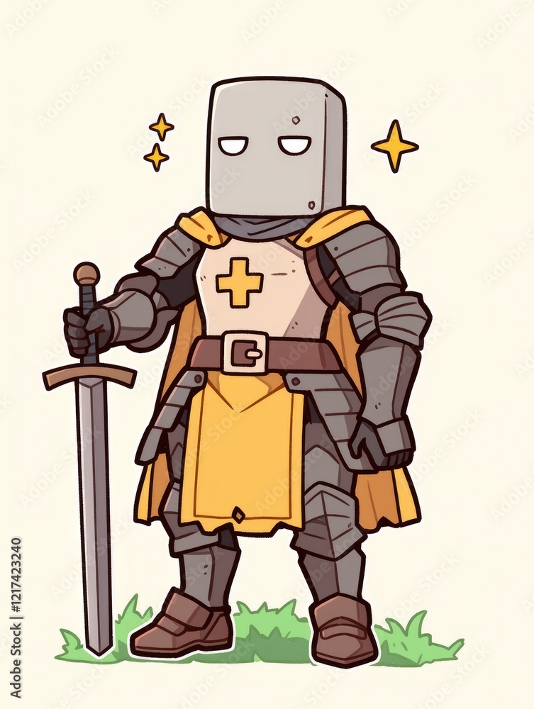 A Cuboid Headed Knight Stands Proudly With His Sword A Cuboid Headed Knight Stands Proudly With His Sword