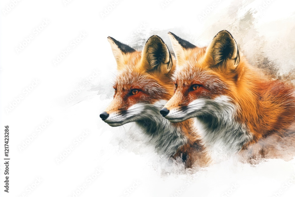 Obraz premium A captivating watercolor painting of two red foxes, side by side, showcasing their vibrant fur and intense gaze.