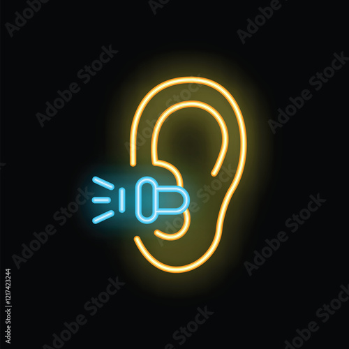 Neon sign representing a hearing aid amplifying sound to an ear, promoting awareness for hearing loss and the importance of hearing aids