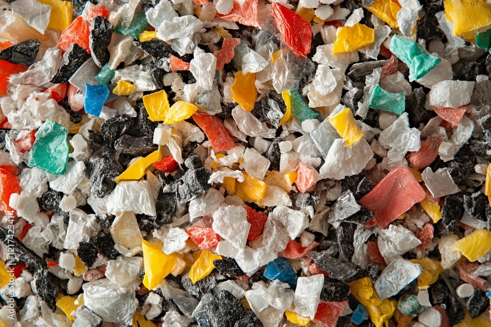 Colorful plastic granules spread across a surface, showcasing recycled material ready for processing in a manufacturing facility. Generative AI Colorful plastic granules spread across a surface, showcasing recycled material ready for processing in a manufacturing facility. Generative AI