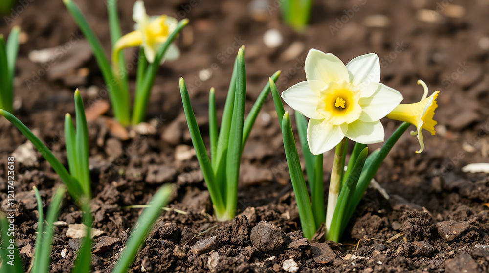 White daffodils blooming in garden soil White daffodils blooming in garden soil