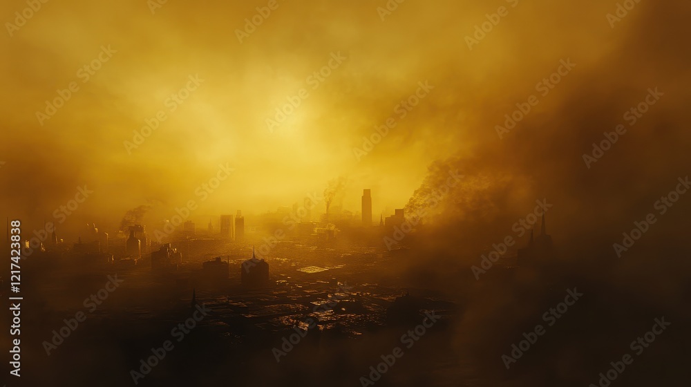 Fototapeta premium Evening city skyline veiled in heavy smog, golden light piercing through the haze, highlighting air pollutions impact.