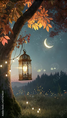 lanterns with forest background and fireworks, video greetings cards for the EID holiday.