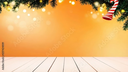 Festive Orange Background with Wooden Table - Warm orange backdrop with Christmas tree branches, lights, and candy cane, featuring a clean wooden table in the foreground. Ideal for holiday product dis photo