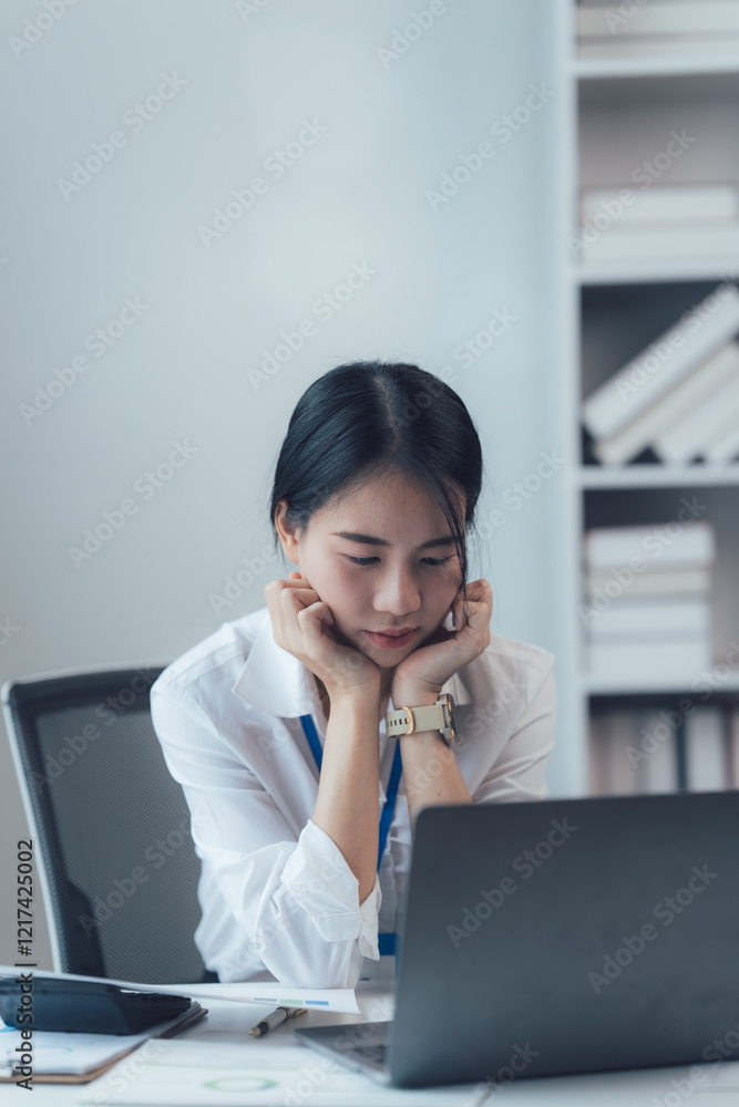 Focused Work: A young professional woman sits at her desk in an office, her gaze intently fixed on her laptop screen, her hands resting thoughtfully on her chin. Focused Work: A young professional woman sits at her desk in an office, her gaze intently fixed on her laptop screen, her hands resting thoughtfully on her chin.