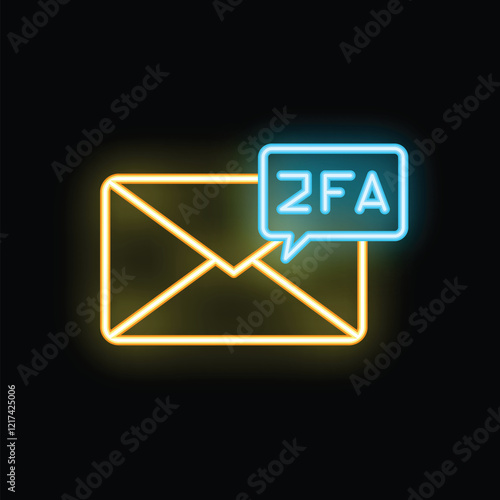 Yellow and blue neon icon showing a mailbox receiving a 2fa notification