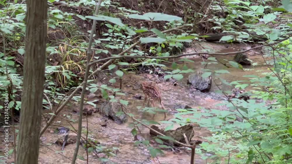 Fawn in the creek. Baby deer lost its mother. Fawn looking for his mom trying to get through the creek Fawn in the creek. Baby deer lost its mother. Fawn looking for his mom trying to get through the creek