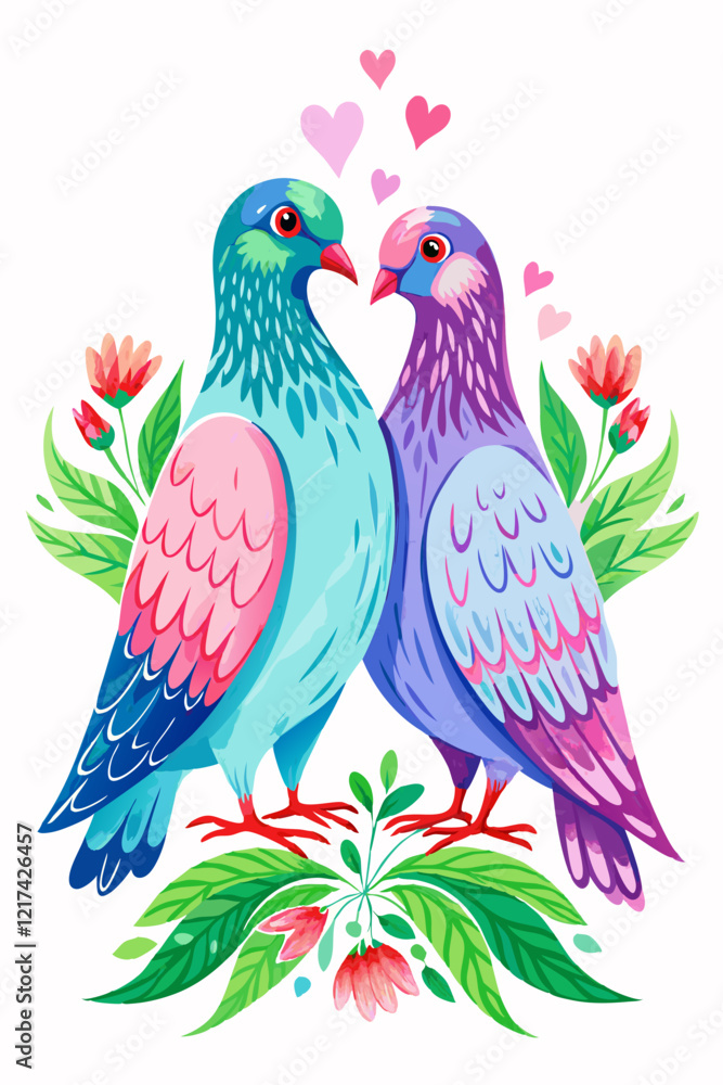 Obraz premium Happy Valentine's day watercolor vector illustration. Watercolor Love Birds Illustration – Romantic Vector Art for Valentine’s Day and Beyond..