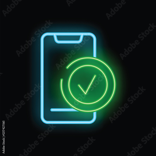 Neon sign showing a smartphone receiving a validation symbol, in green, on a black background